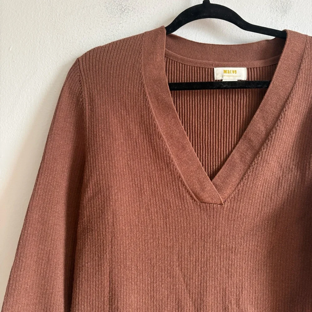 Anthropologie Maeve Sz XL Thea Brown Gold Metallic V Neck Sweater - Picture 3 of 11